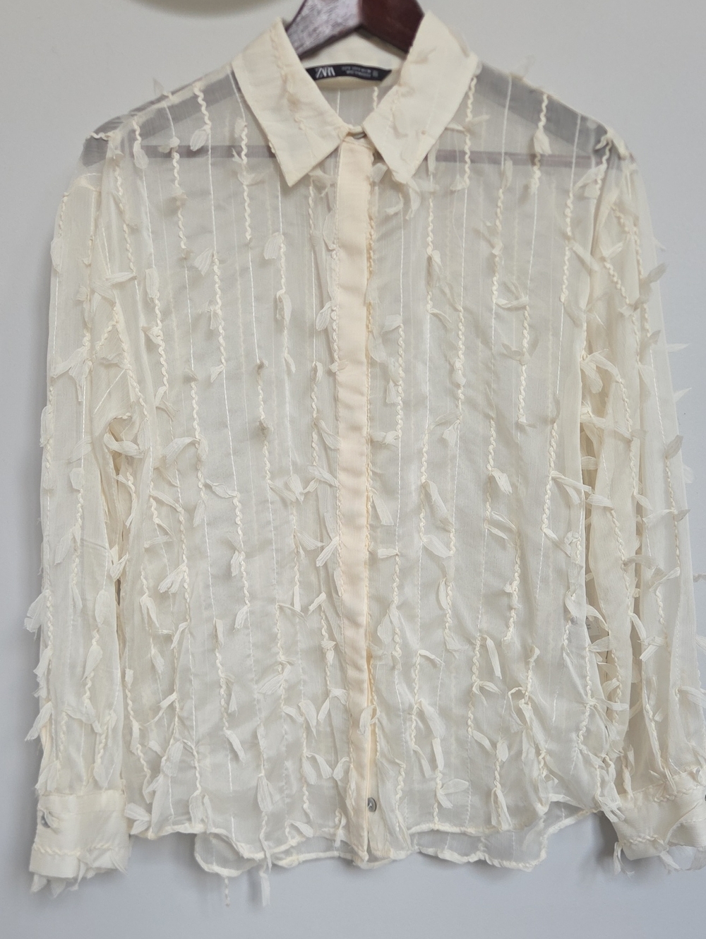 Zara Womens Cream Sheer Textured Button-Down Blouse Size Small